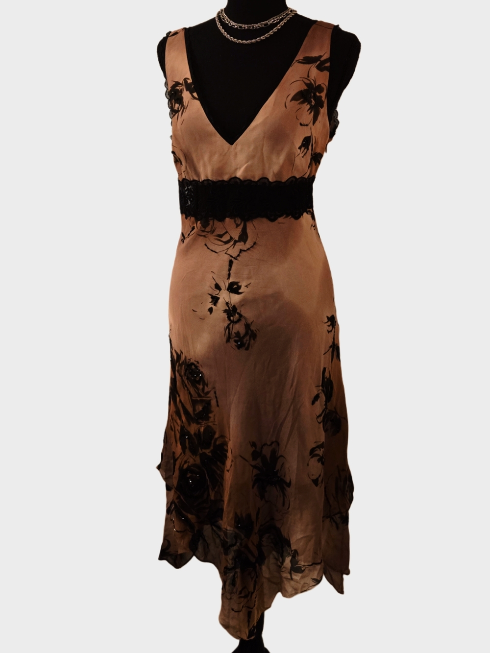 Vintage 90s Silk Floral V-Neck Midi Dress! - Picture 2 of 8